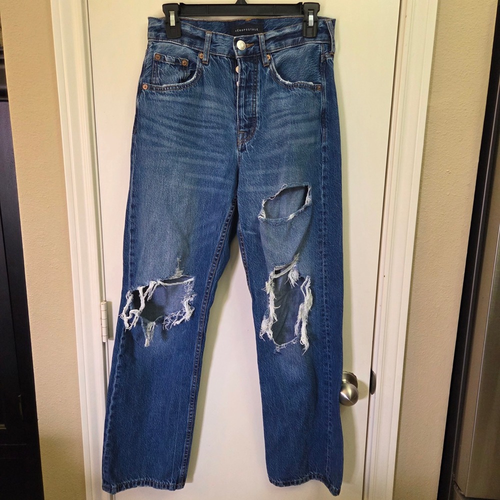 Aeropostale 90s Baggy High Rise Distressed Button Fly Jeans Blue 4 Reg RN154379